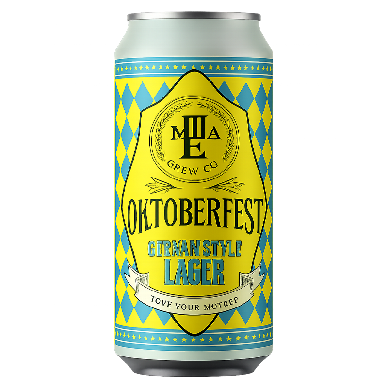 Oktoberfest German Style Lager beer can with yellow and blue diamond pattern.