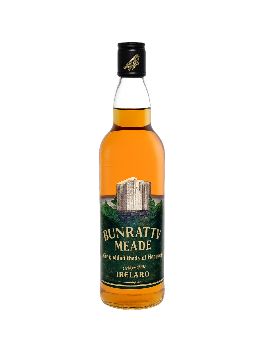Bottle of Bunratty Meade with label, amber liquid, black cap, dark green label with castle graphic.