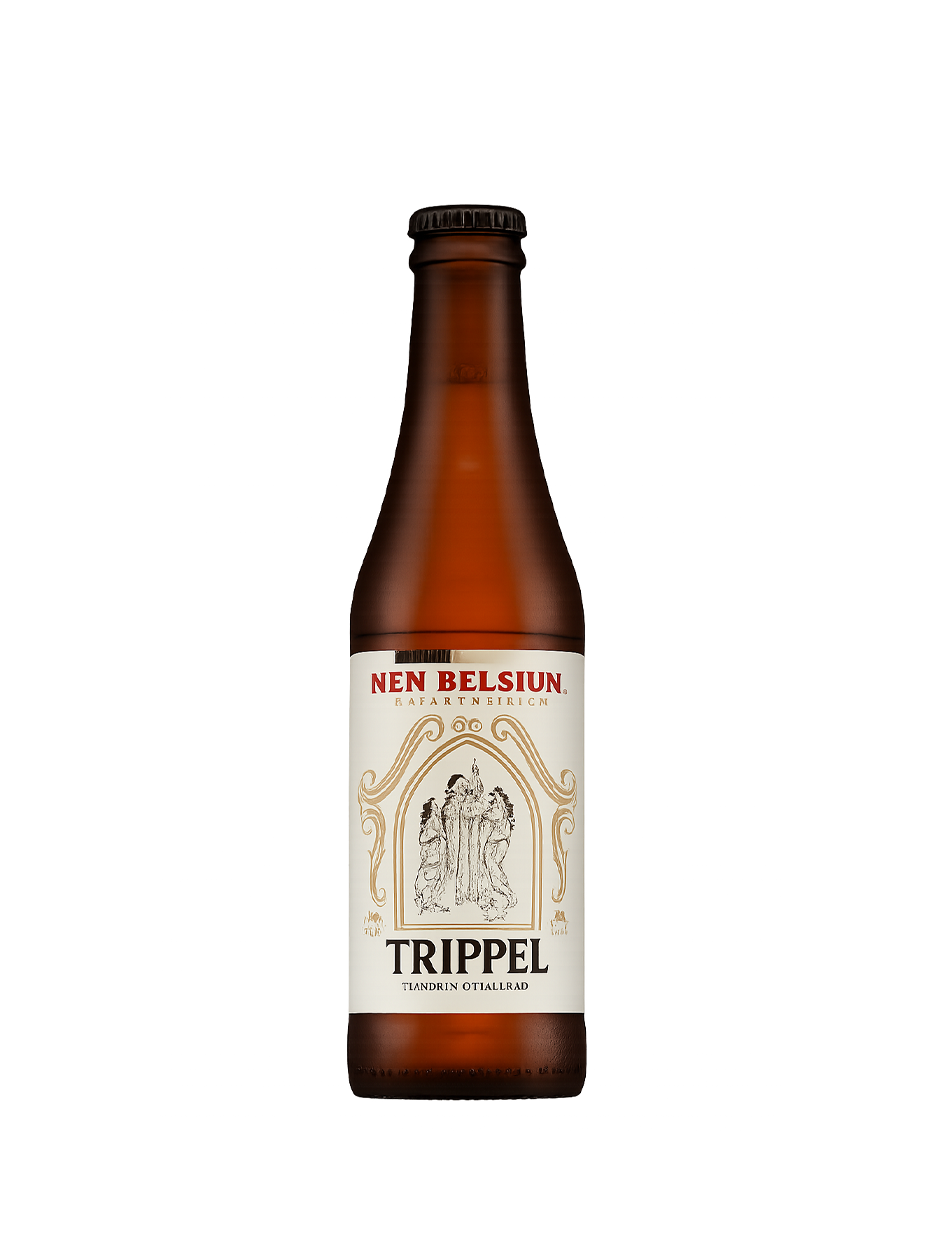 Brown beer bottle with a white label, 