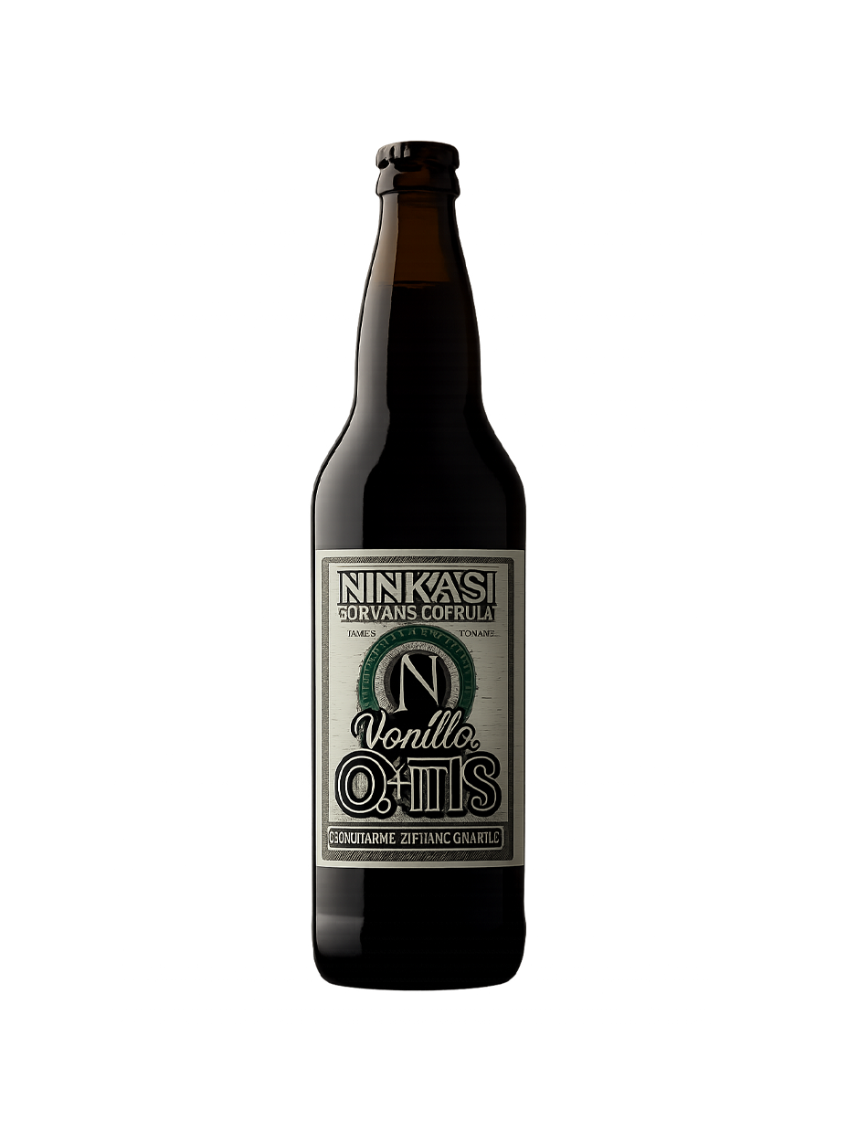Bottle of Esker & Stone beer, dark glass, with white label, Nordic Oats, vertical.
