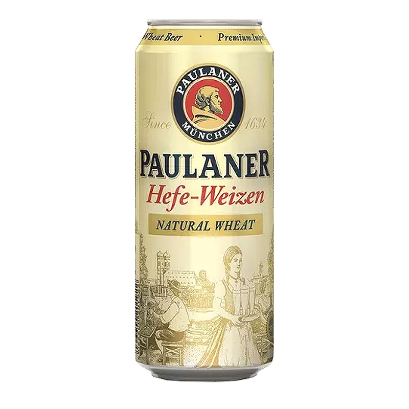 Can of Paulaner Hefe-Weizen beer with a cream and gold label, featuring the brand logo and text.