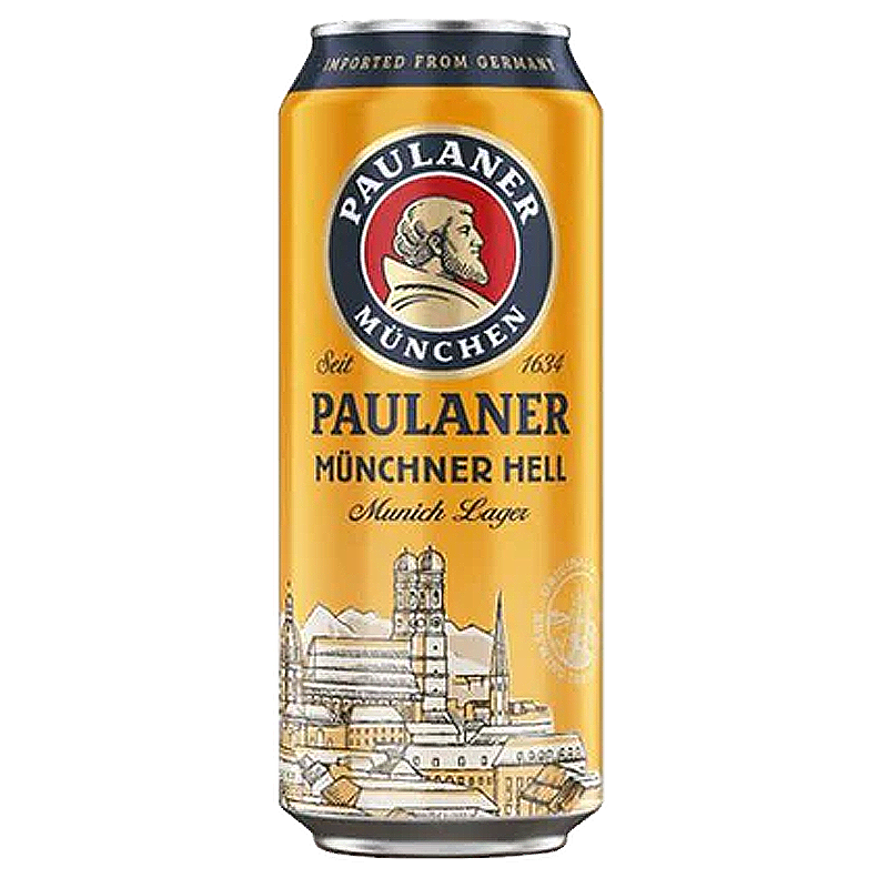 Can of Paulaner Münchner Hell beer, gold and blue label, imported from Germany.