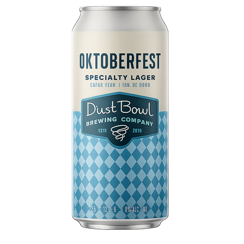Dust Bowl Brewing Oktoberfest beer can with blue and white diamond pattern.