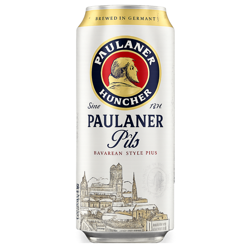 Can of Paulaner Pils beer with white and gold label, depicting a brewery scene and logo.