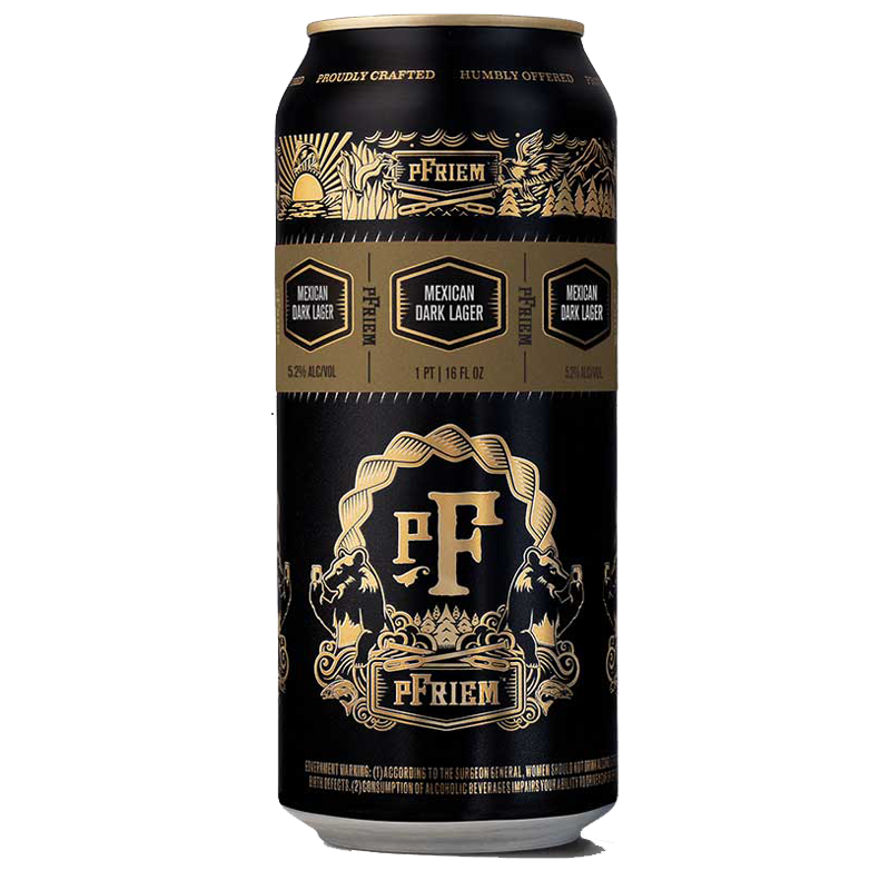 Can of pFriem Mexican Dark Lager, black and gold label, with beer name, alcohol percentage, and design elements.
