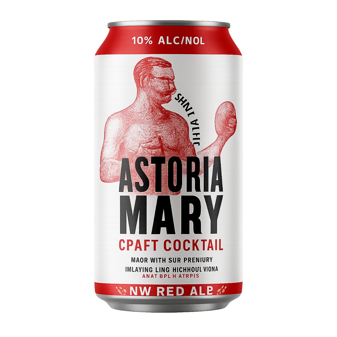 Red and white Astoria Mary craft cocktail can with a graphic of a person with a mirror. 10% alcohol.