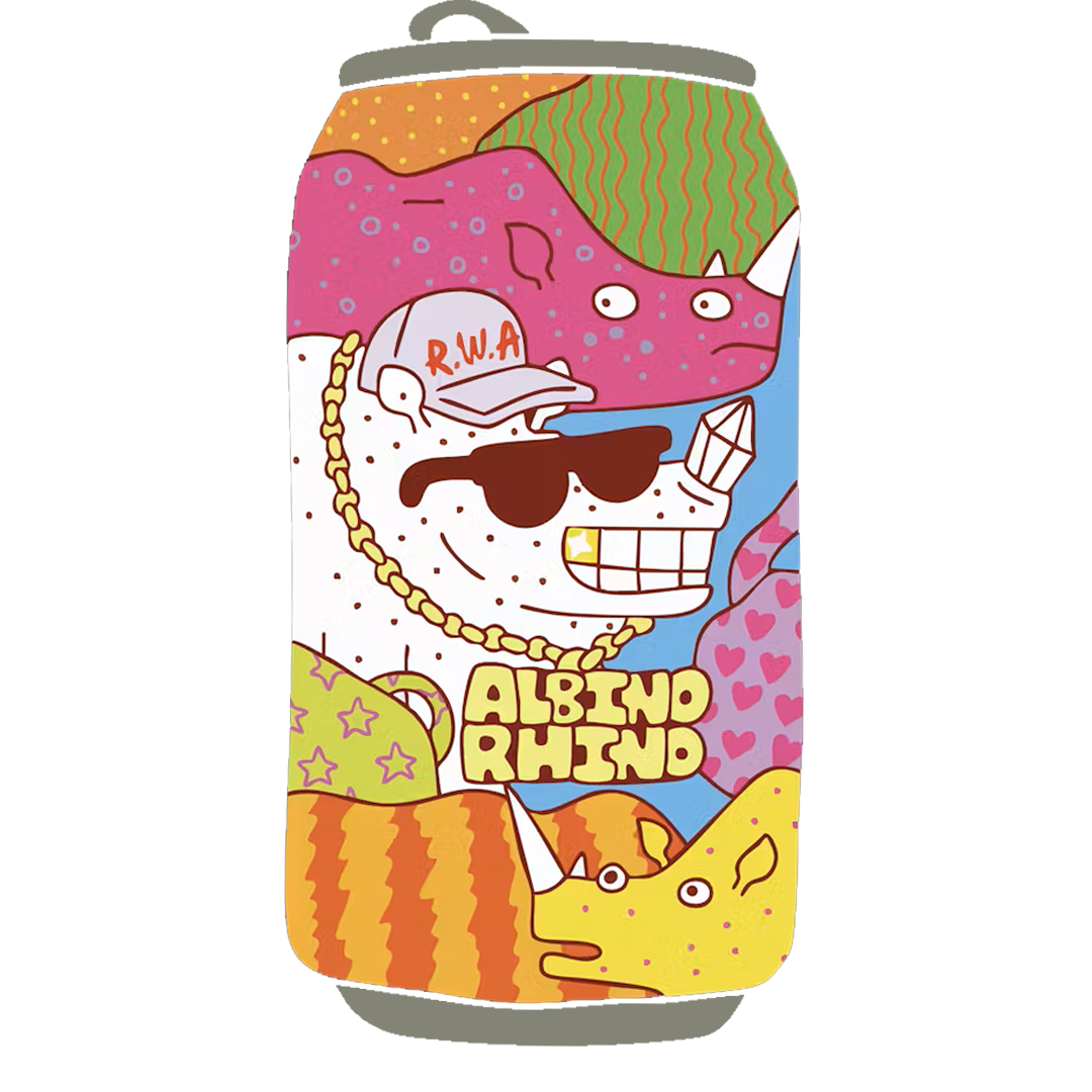 Colorful can design with cartoon rhinos, 