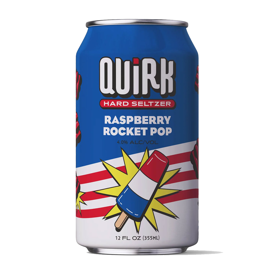 Quirk hard seltzer can, Raspberry Rocket Pop flavor. Blue, red, and white design with a popsicle graphic.