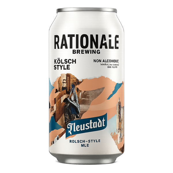 A can of Rationale Brewing Kolsch Style non-alcoholic beer. White can with text and abstract art.