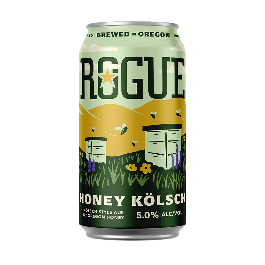 Can of Rogue Honey Kölsch beer with green, gold, and white label showing bees and beehives. 5.0% alcohol.