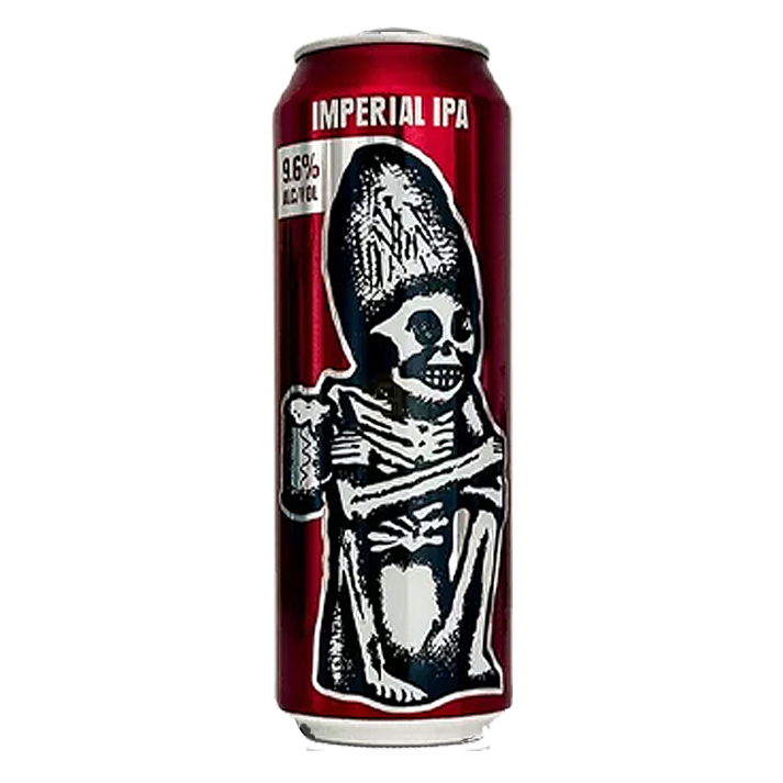 Red beer can with a skeleton figure holding a mug; 