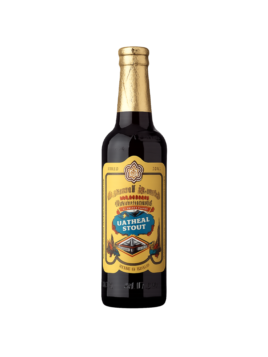 Bottle of Samuel Smith Imperial Stout, dark with golden neck label.