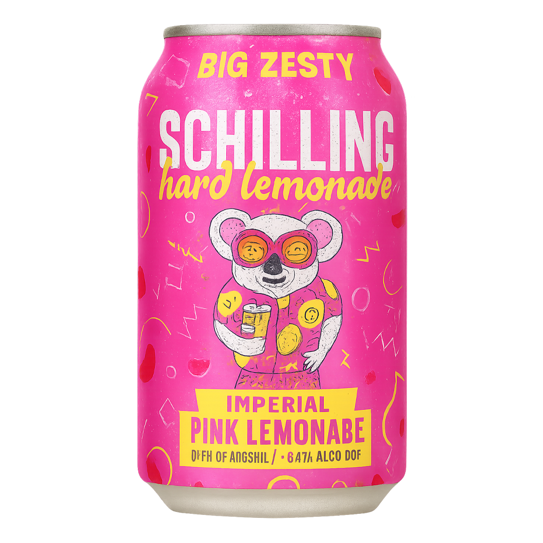 Pink Schilling hard lemonade can with a koala wearing sunglasses.