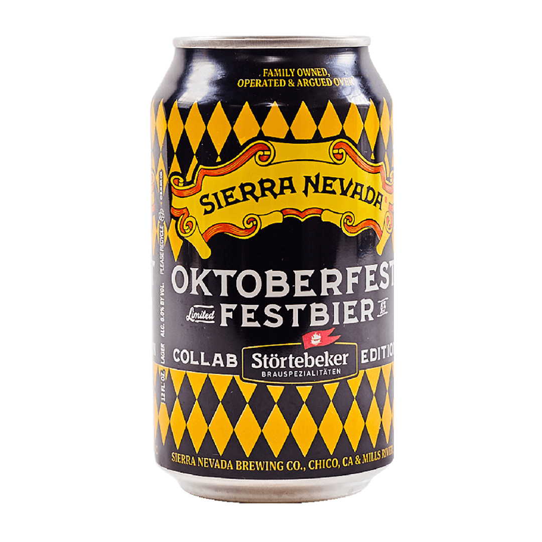 Sierra Nevada Oktoberfest Festbier beer can with black and yellow diamond pattern.