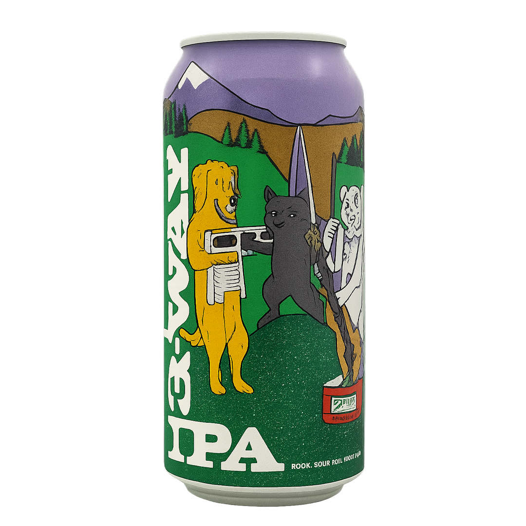 Beer can with cartoon animals: dog with boombox, black cat with sword, white bear. Green, purple, mountain background.