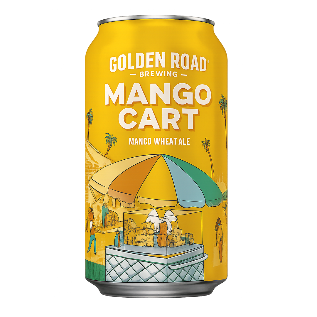 Yellow can of Golden Road Brewing Mango Cart Mango Wheat Ale with a market scene illustration.