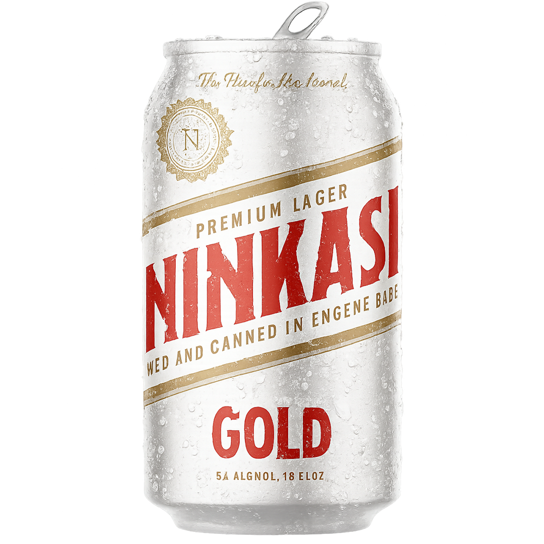 Can of Ninkasi Gold premium lager, white can with red and gold text, condensation visible.