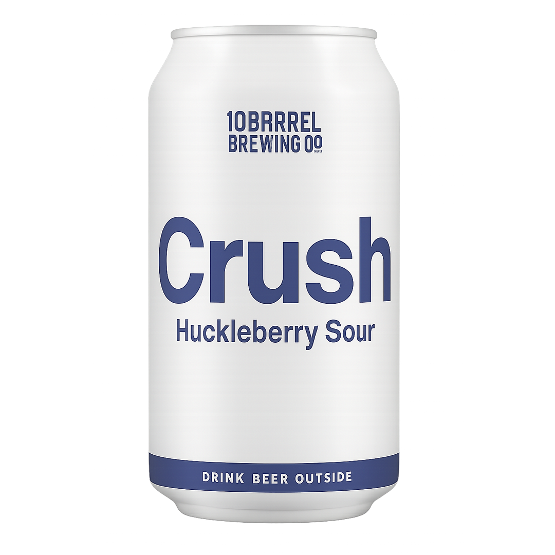 White can of 10 Barrel Brewing Co. Crush Huckleberry Sour beer, with blue text, against white background.