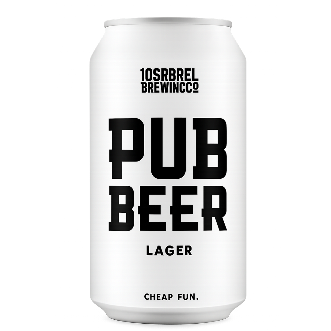 White beer can with black text: 