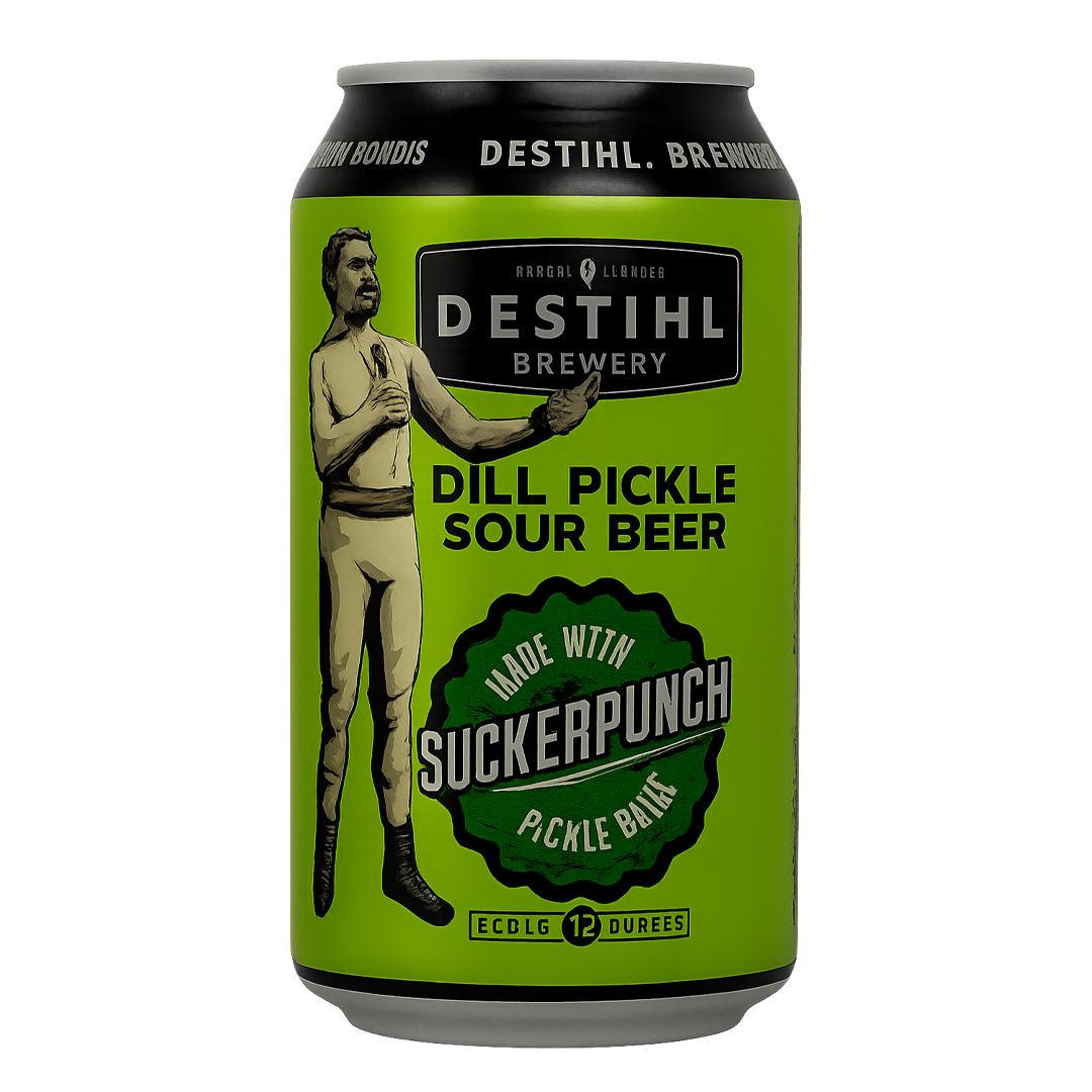 Can of Destihl Dill Pickle Sour Beer, lime green and black label, a cartoon pickle man.