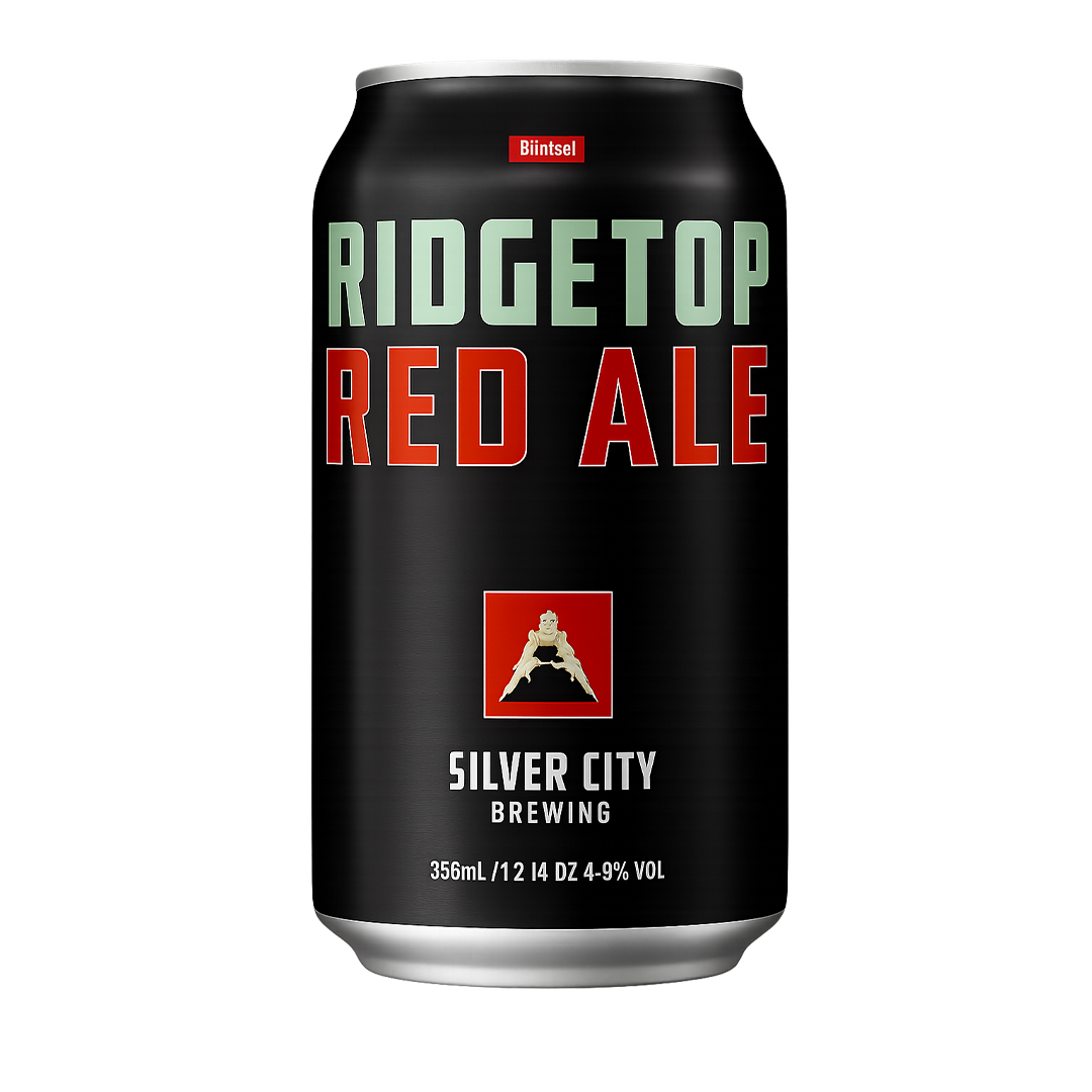 Can of Ridgetop Red Ale from Silver City Brewing. Black can with red and green lettering, and a logo.