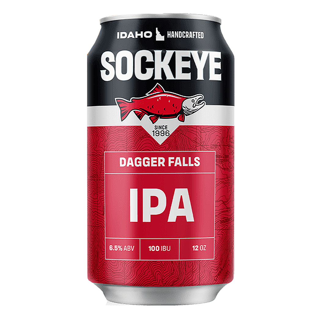 Can of Sockeye Dagger Falls IPA beer, red and black with a salmon graphic.