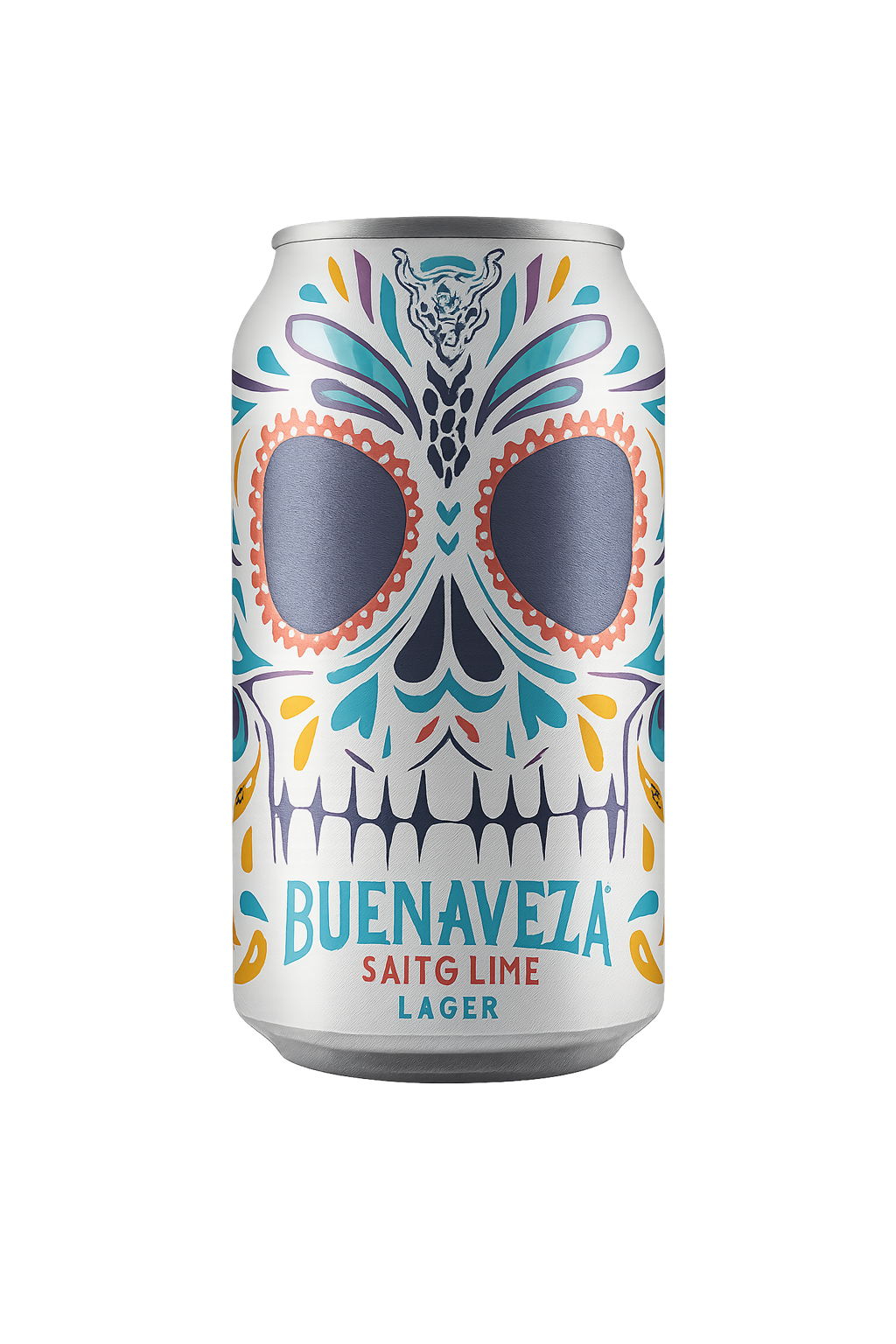 Can of Buenaveza Salt & Lime Lager with a colorful sugar skull design.