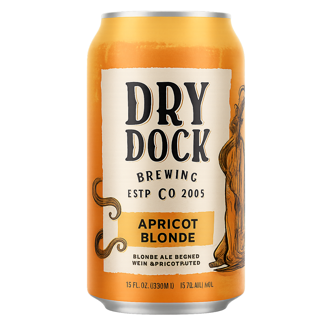 Can of Dry Dock Apricot Blonde beer. Orange can with a cream-colored label.