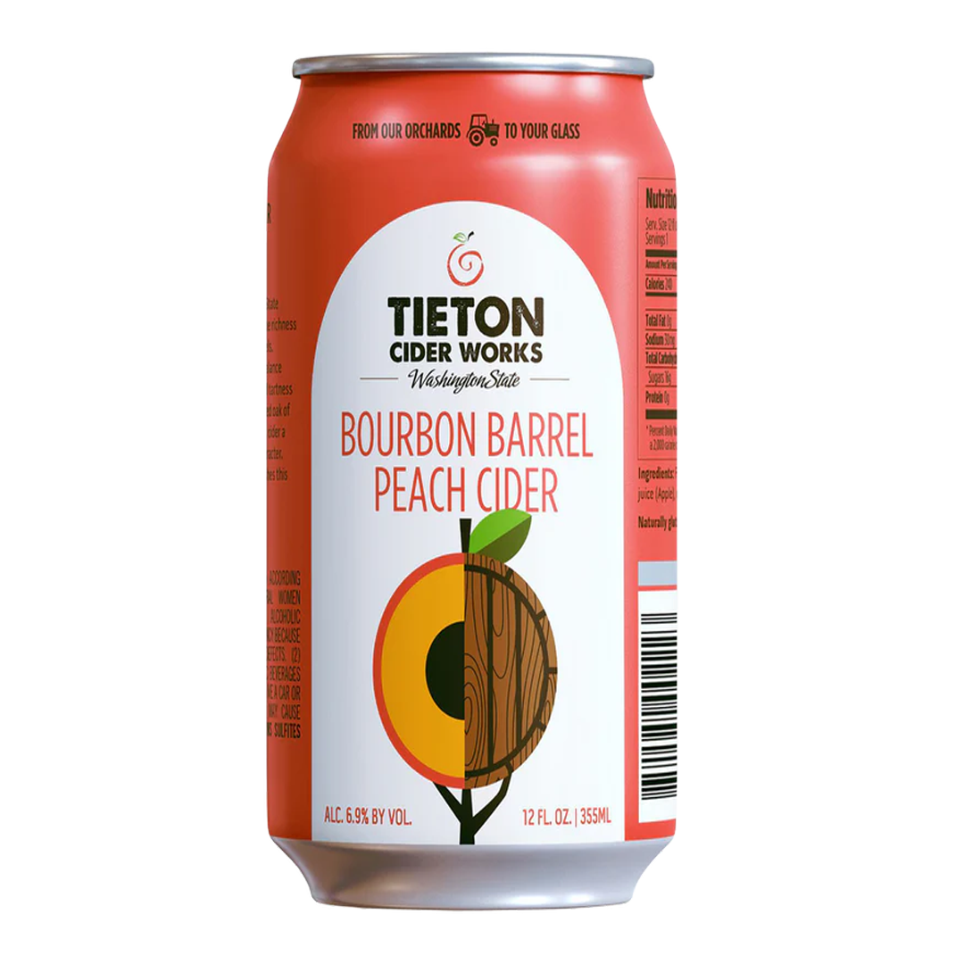 Tieton Cider Works Bourbon Barrel Peach Cider can, peach and wood barrel graphic. Pink and white label.