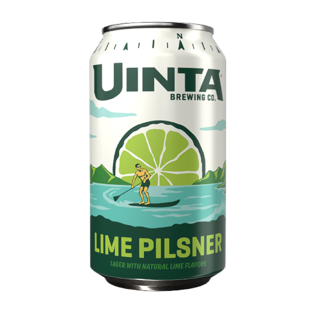 Uinta Lime Pilsner can with lime slice, paddleboarder on water, and mountains.
