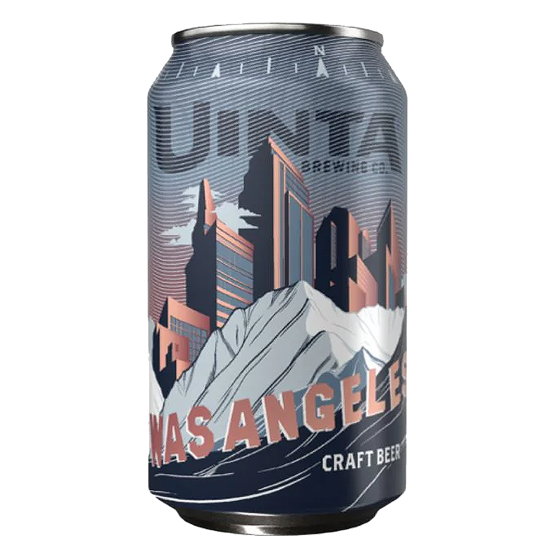 Beer can with Los Angeles skyline, mountains, and 