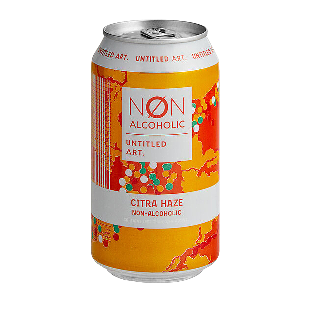 Can of non-alcoholic Citra Haze drink. Orange and white label with text and colorful abstract design.