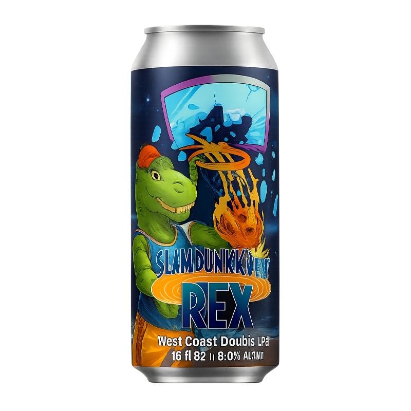Can of beer featuring a dinosaur dunking a flaming basketball. 
