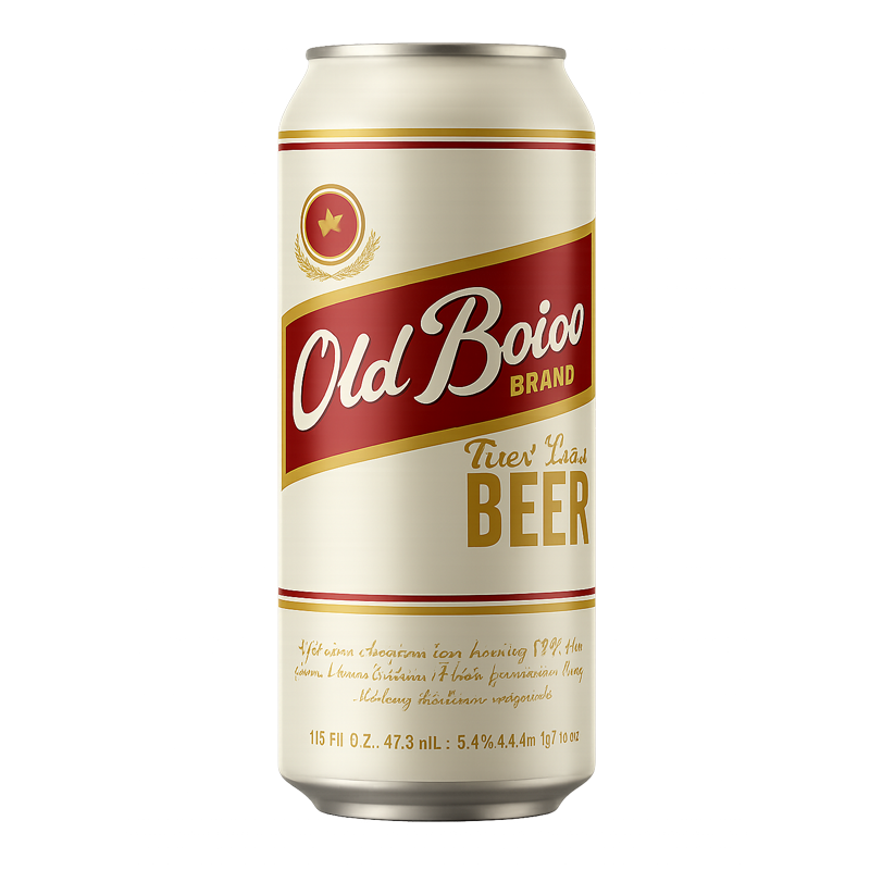 Tall, off-white beer can with a maroon and gold label. 