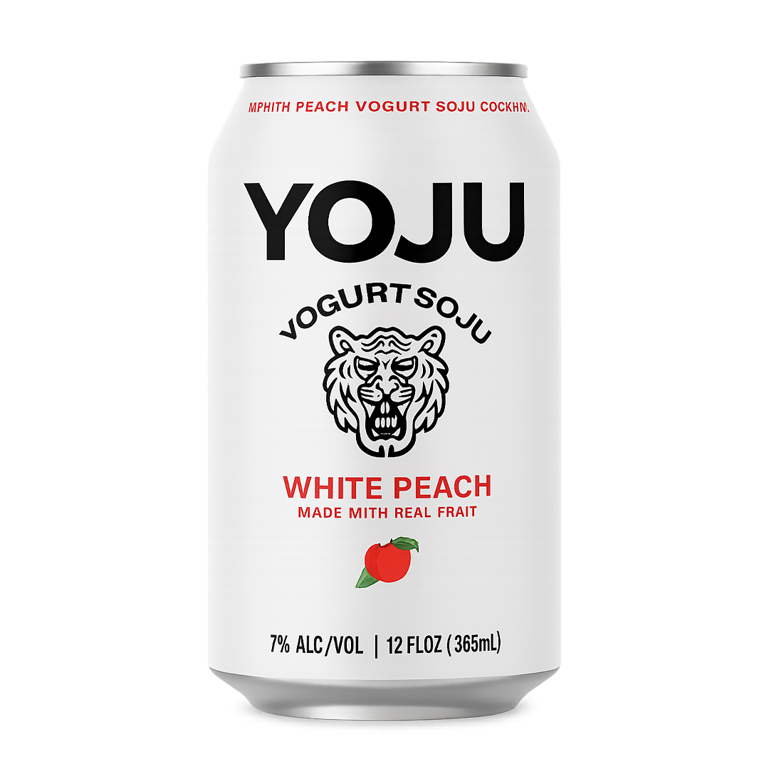 White can of YOJU Yogurt Soju, white peach flavor. Features the brand name, a tiger logo, and a peach illustration.