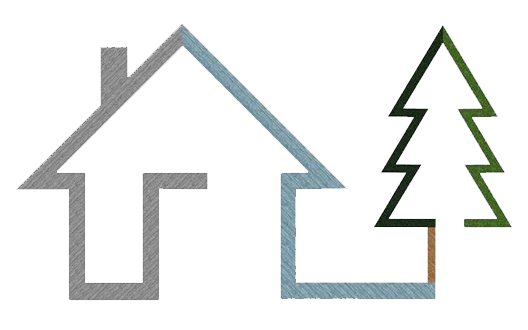 Outline of a house next to a green pine tree icon
