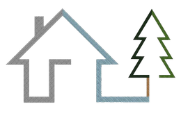 Outline of a house next to a green pine tree icon