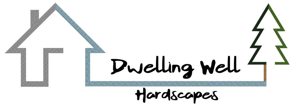 Logo for Dwelling Well Hardscapes with gray house outline, green tree, and black text