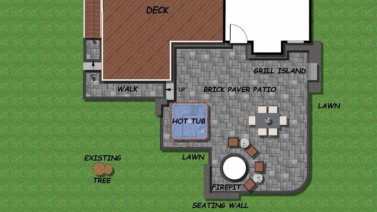 Top-down backyard patio plan with deck, gazebo, fire pit, seating, hot tub, and labeled lawn areas