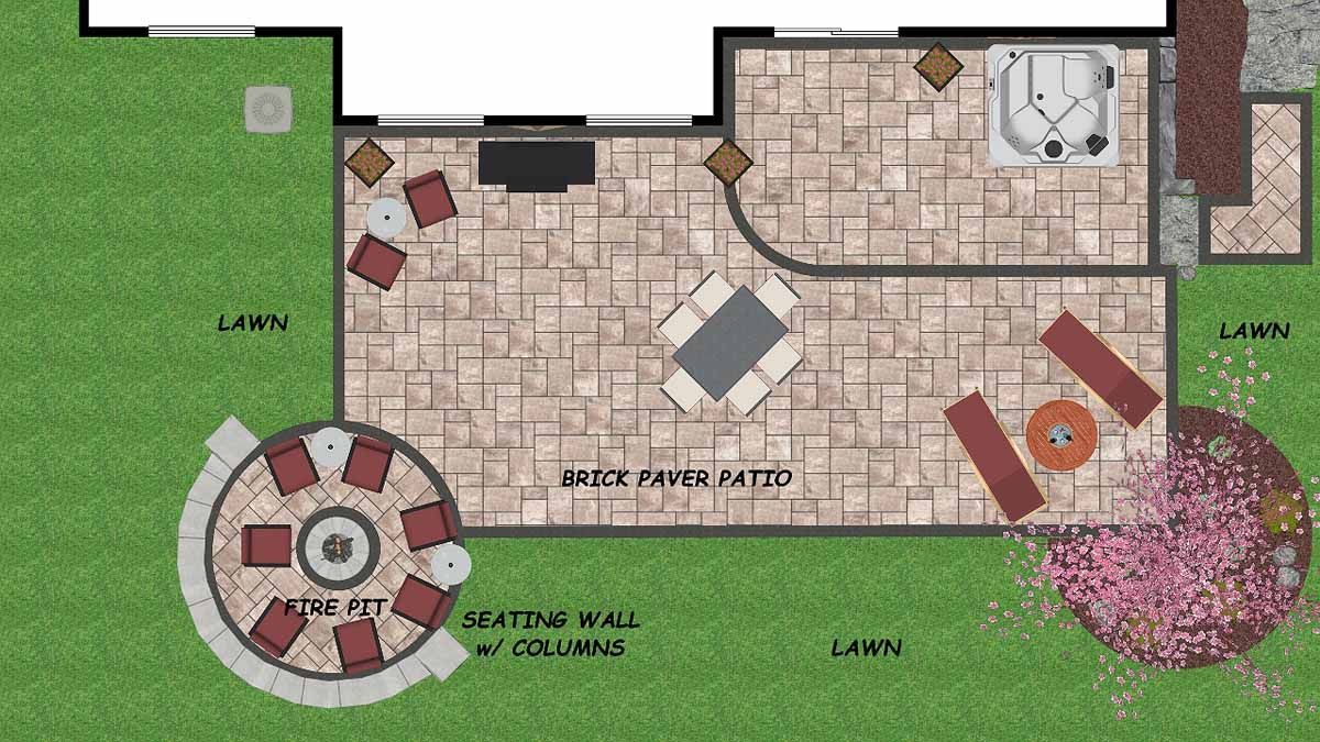 Backyard patio plan with circular fire pit seating, lawn, paver patio, and red outdoor furniture