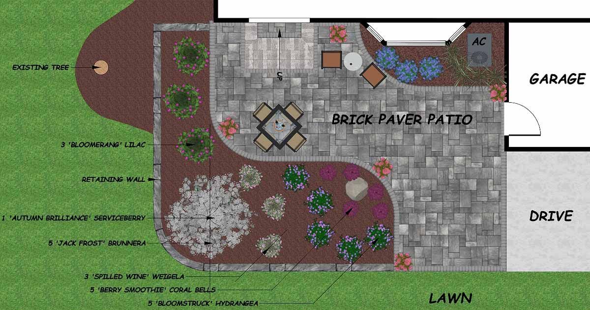 Landscape plan for a brick patio with plants, lawn, driveway, and garage入口