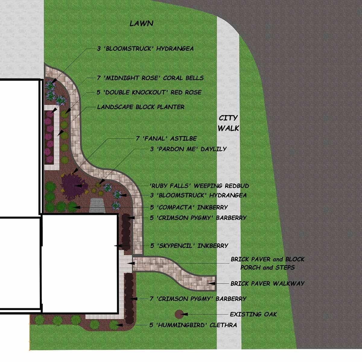 Lawn and city walk landscape plan beside a building, with labeled planting areas and paths