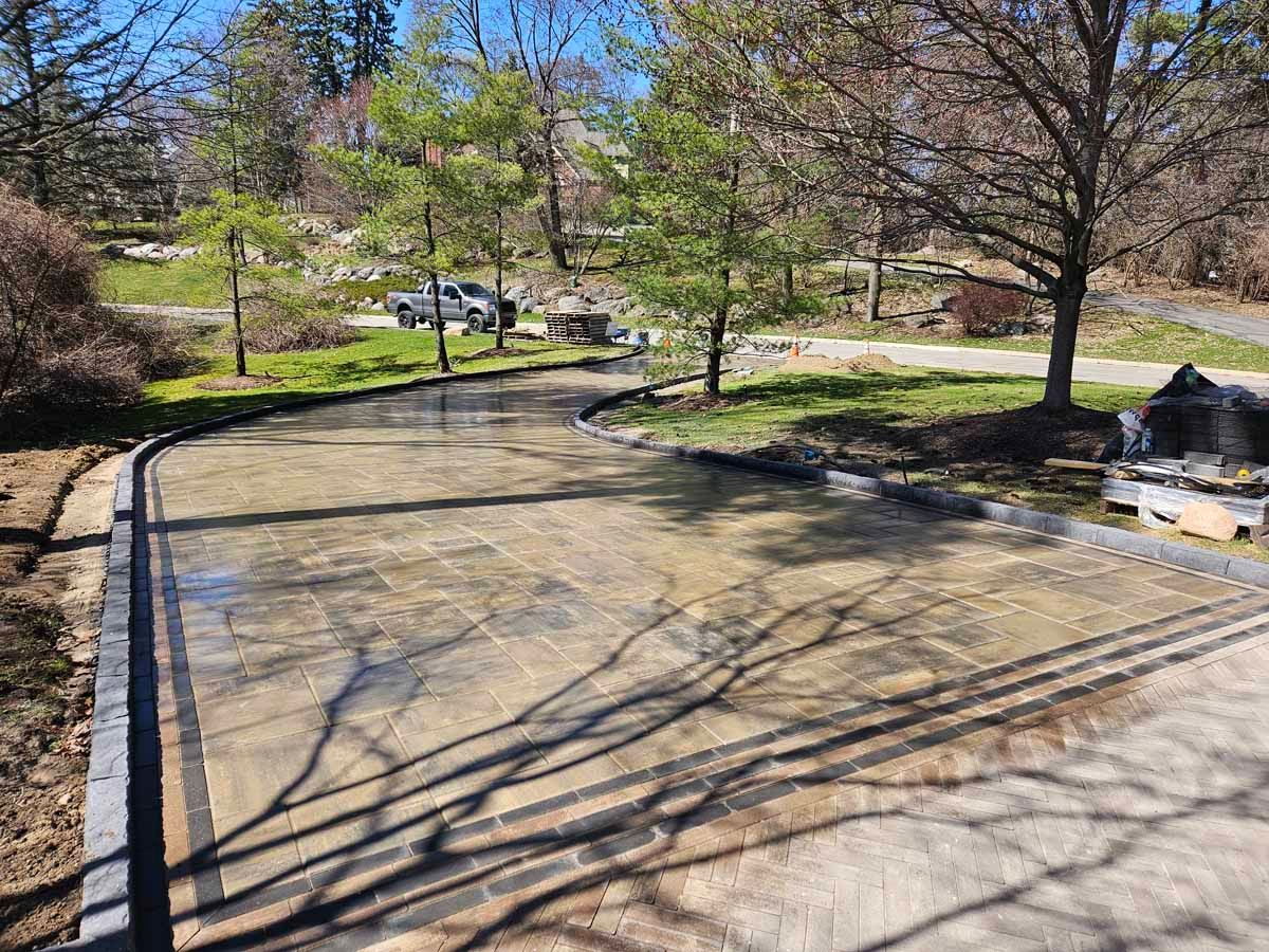 Empty park plaza with concrete paths, bare trees, and benches in bright sunlight