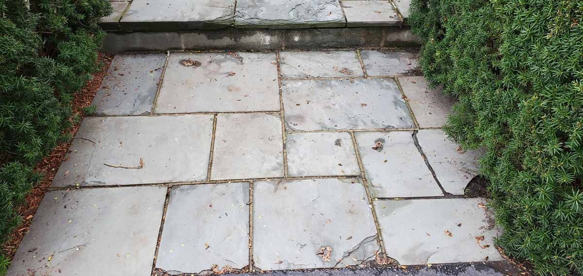 Stone patio path with cracked paving slabs between green hedges and a step at the top