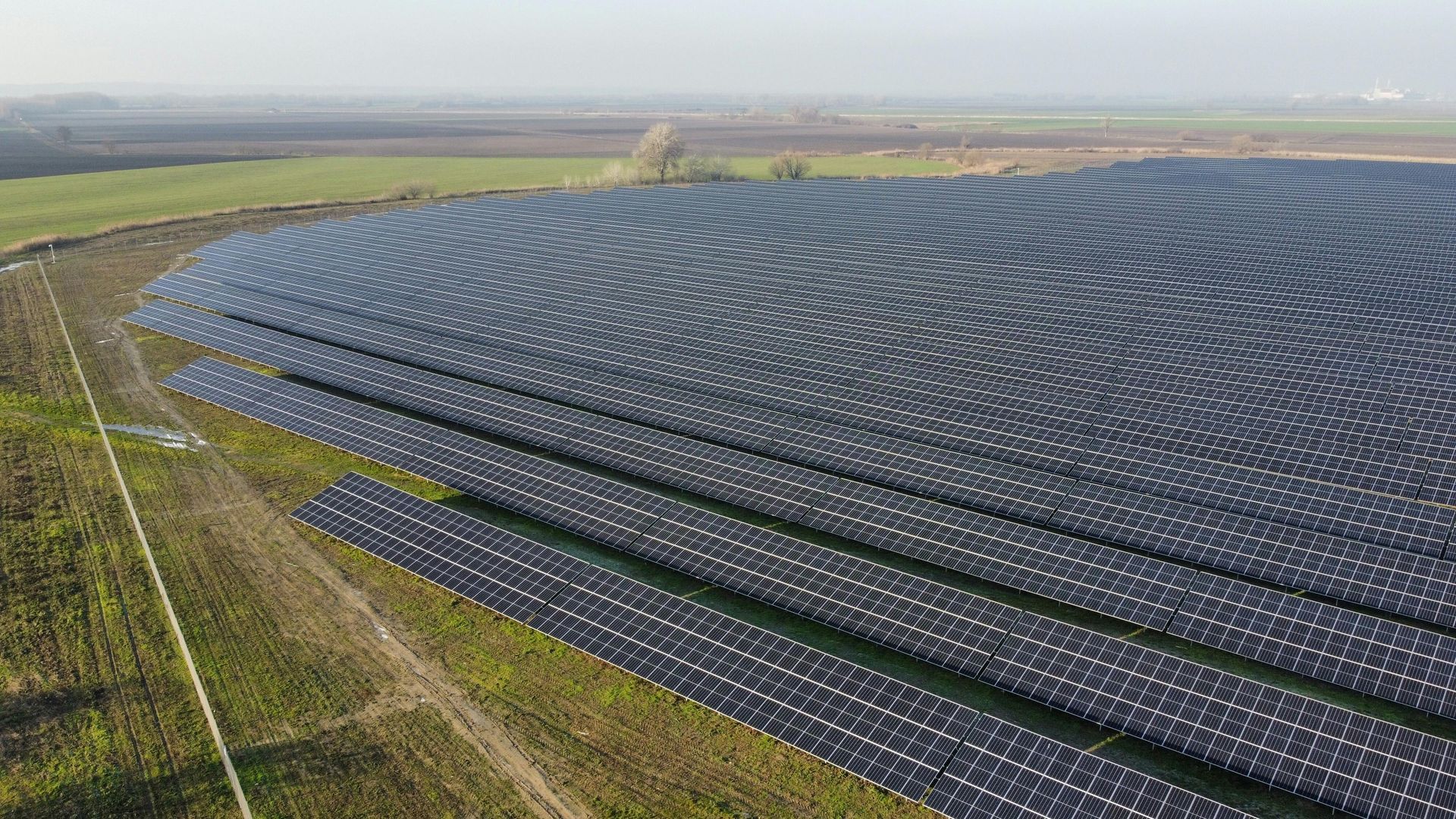 Aerial view of a large solar farm with rows of dark panels beside green fields