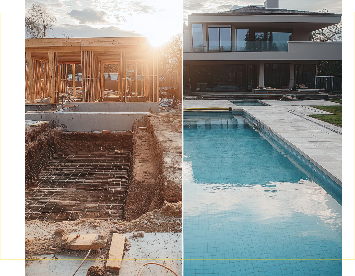 Split view of a home construction site and a finished house with a blue swimming pool
