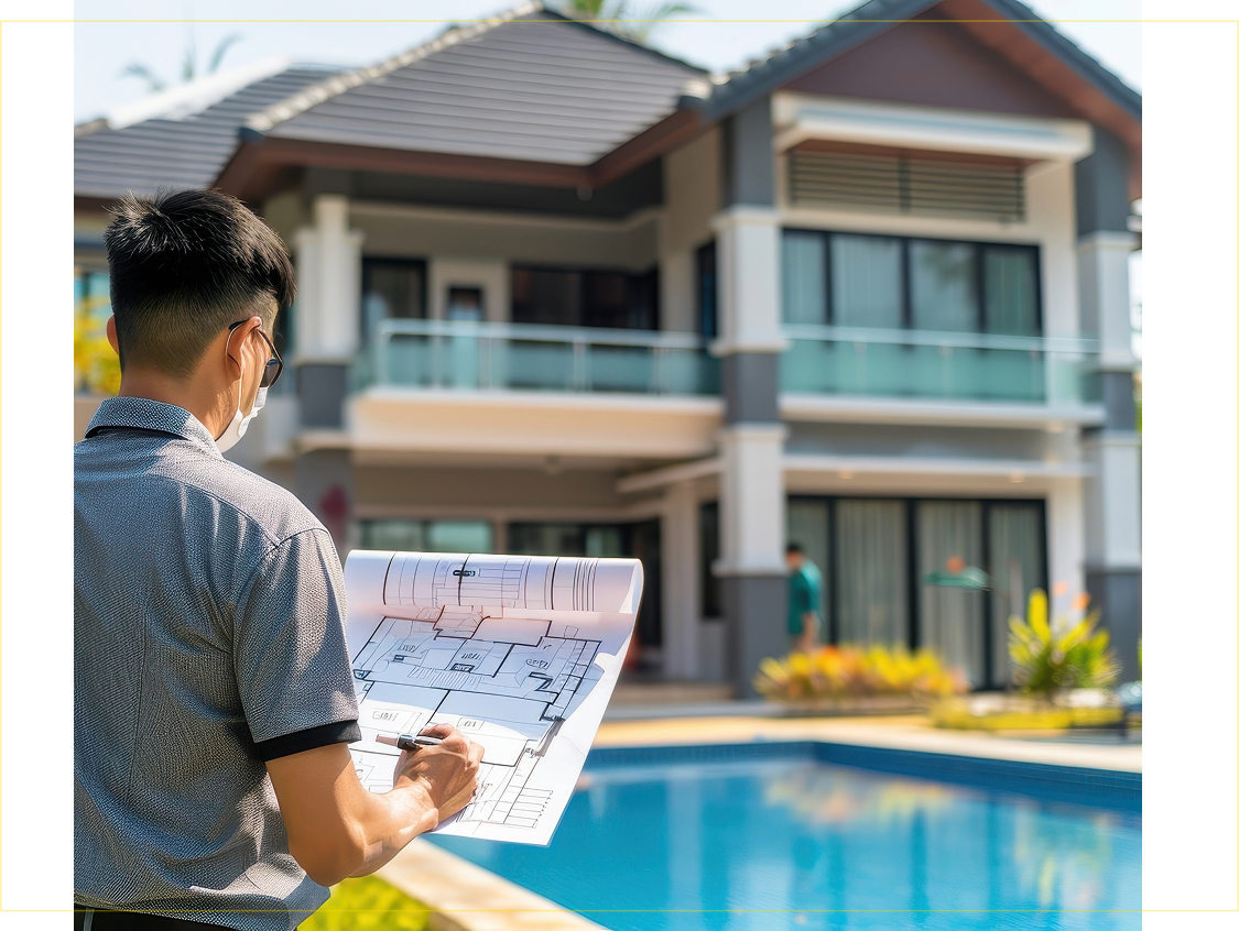 Split view of a home construction site and a finished house with a blue swimming pool