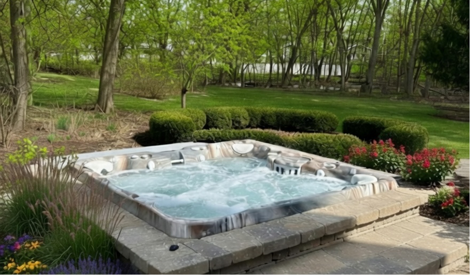 Outdoor spa and patio scenes with a hot tub, seating area, and people relaxing by a modern house.
