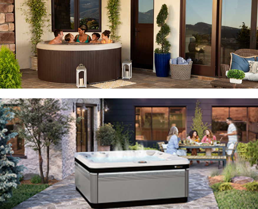 Outdoor spa and patio scenes with a hot tub, seating area, and people relaxing by a modern house.