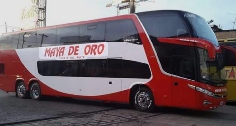 Un autobús de dos pisos rojo y blanco con la inscripción “MAYA DE ORO” estaba estacionado al aire libre al anochecer.